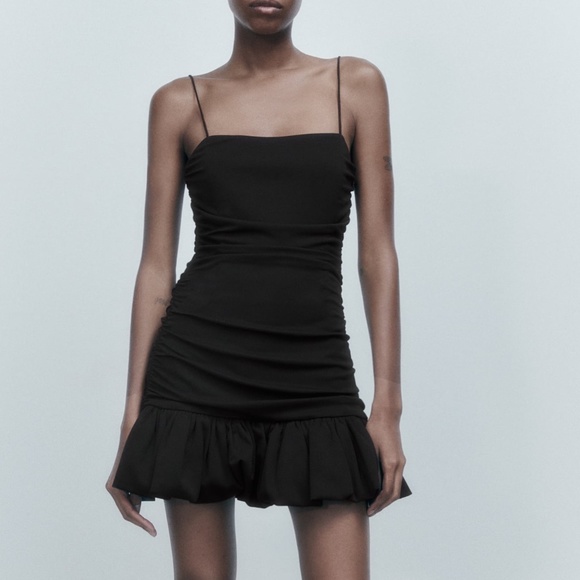 NWT ZARA RUFFLED RUCHED MINI DRESS BLACK M - Picture 1 of 5